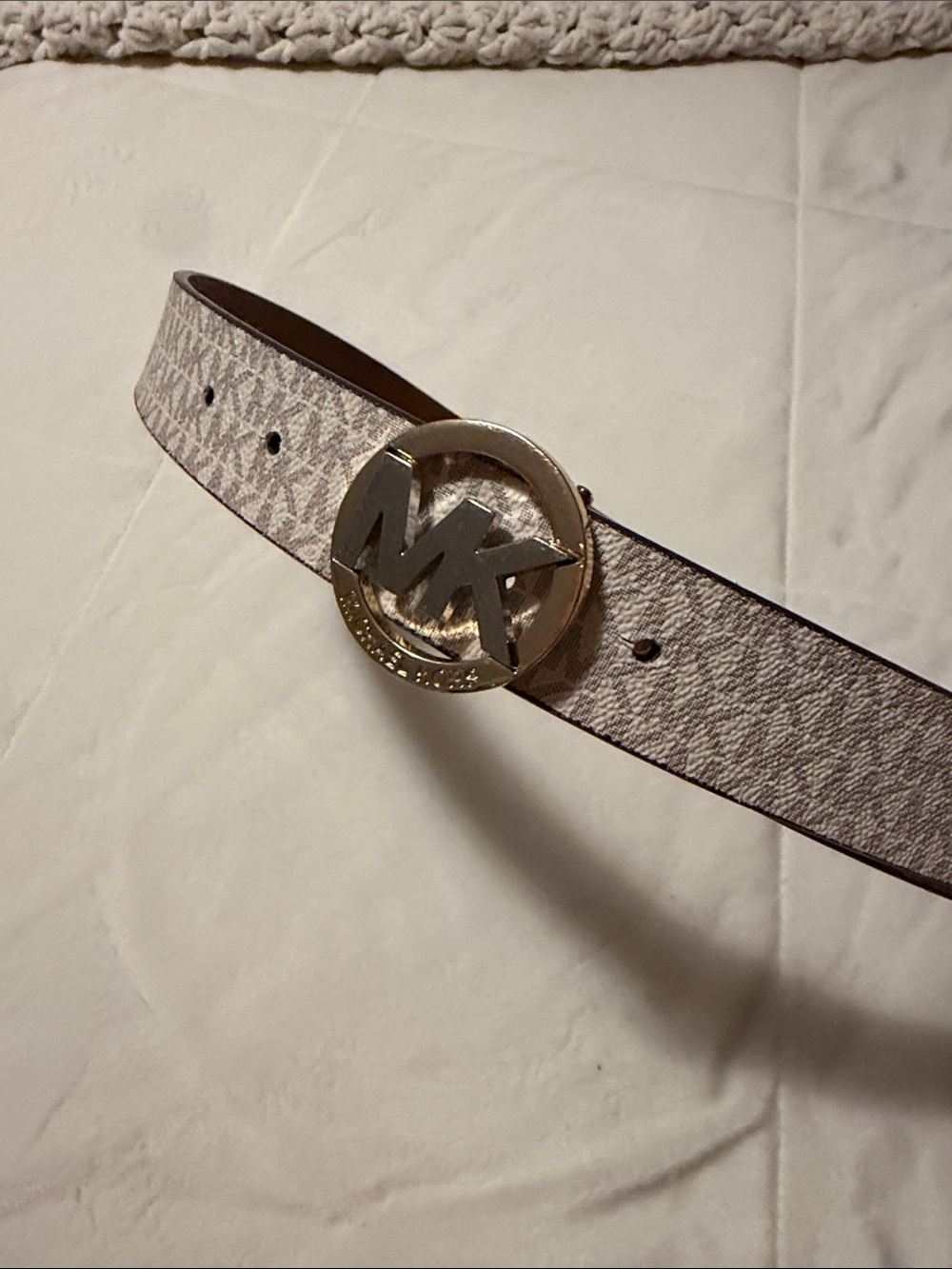 Michael Kors Beige Logo Monogram Belt with Gold MK Buckle